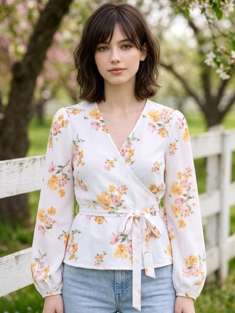 🍑Old Navy White Floral Belted Wrap Around Long Sleeve Top Small